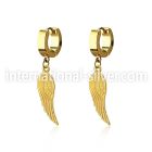 erg584 gold steel huggies earrings w dangling bird wing
