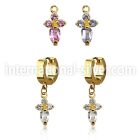 ergz518 gold steel huggies earrings w dangling cross w 4 czs