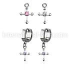 erhz14s steel huggies earrings w small dangling cross w tiny cz