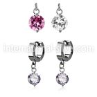 erhz383 steel huggies earrings w dangling twin prong set 10mm cz