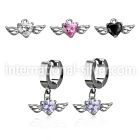 erhz586 steel huggies earrings w dangling heart shaped cz w wing