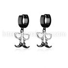 erk507 black steel huggies earrings w dangling black mustache