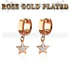 errz414 rose gold steel huggies earrings w dangling star w cz