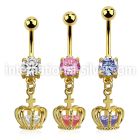 mdgz590 gold steel belly banana w cz dangling crown w cz