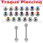 surgical steel tragus barbell, 16g (1.2mm) with a top 3mm bezel jewel ball and a plain 3mm steel ball
