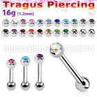 surgical steel tragus barbell, 16g (1.2mm) with a top 3mm bezel jewel ball and a plain 3mm steel ball