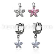 erhz319 steel huggies earrings w dangling flower w cz petals