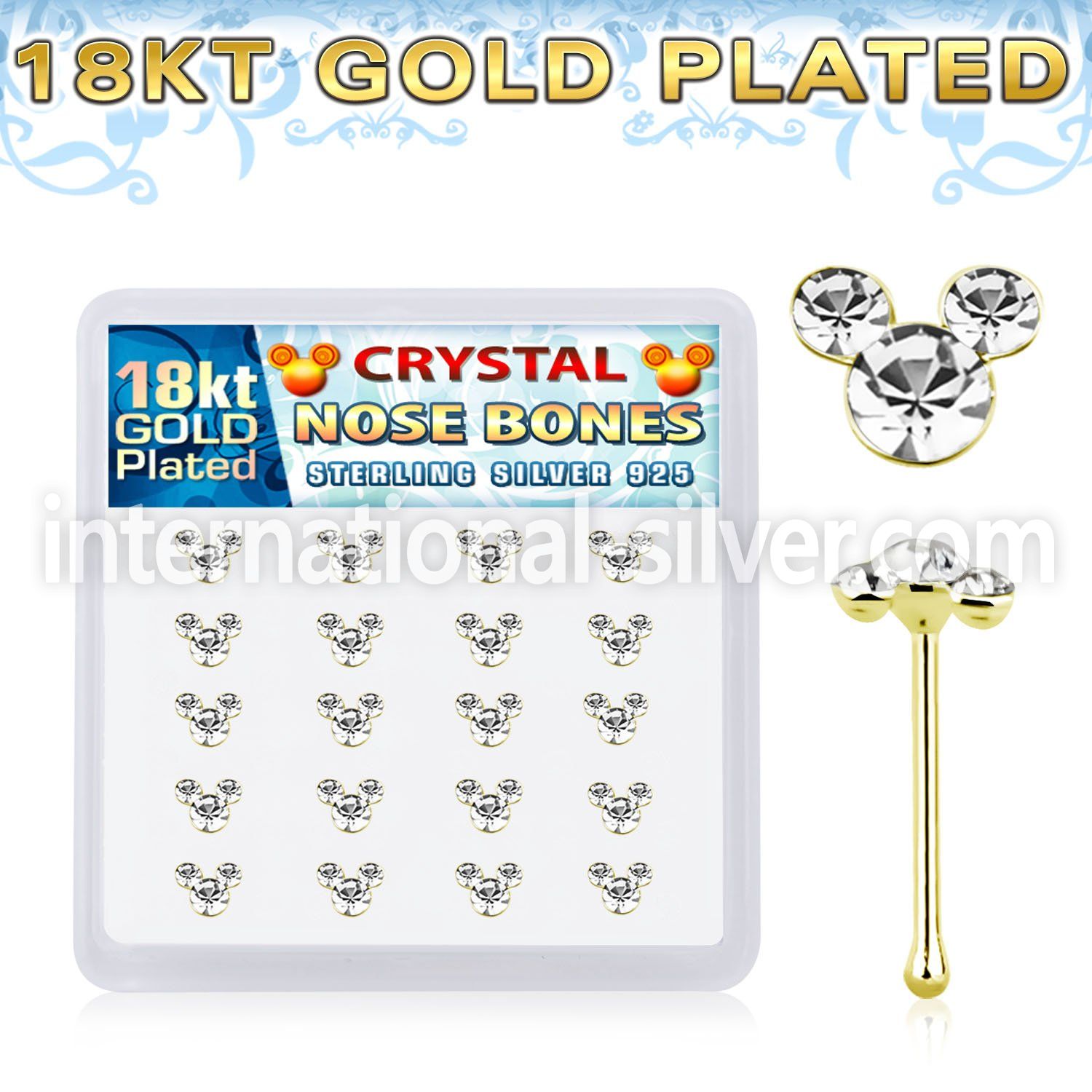 18bmos20 18k gold plated silver nose bones 3 round crystals