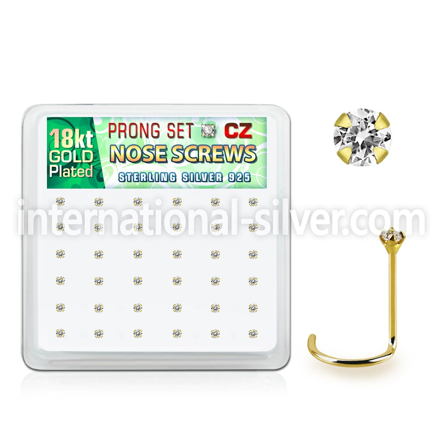 18nwzbc box 36 gold plated silver nose screw w 1.5mm clear cz