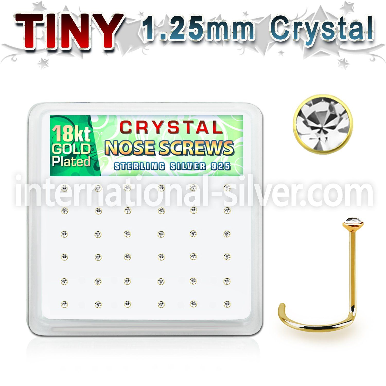 18w6xc box gold plated silver nose screws 1.25mm clear crystals