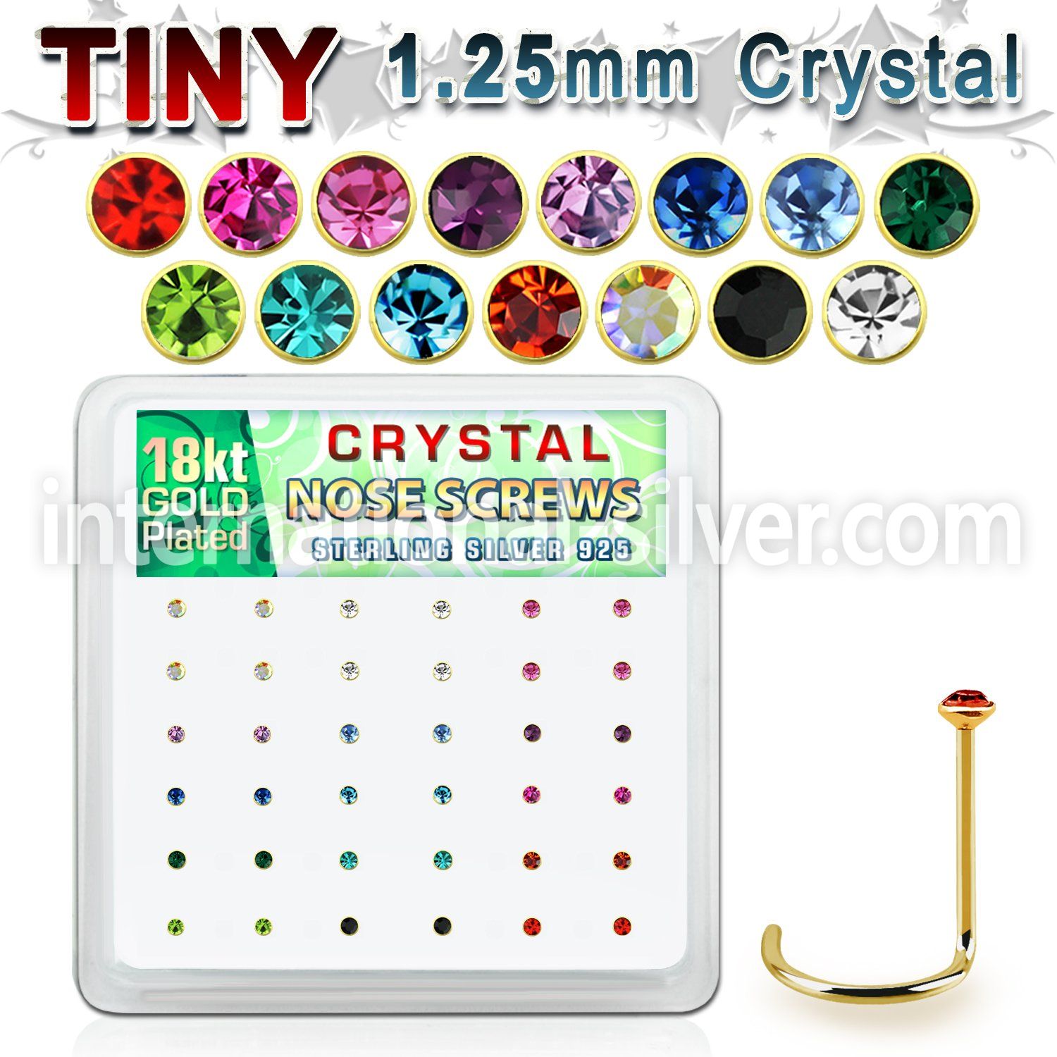 18w6xm box gold plated silver nose screws 1.25mm clear crystals