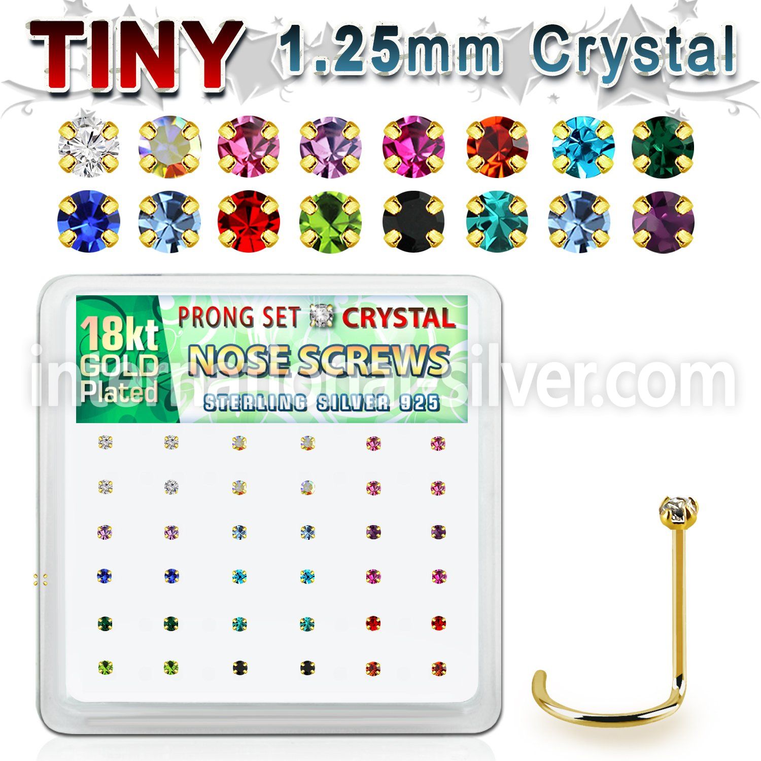 18wp6xm box gold plated silver nose screw set 1.25mm mix crystal