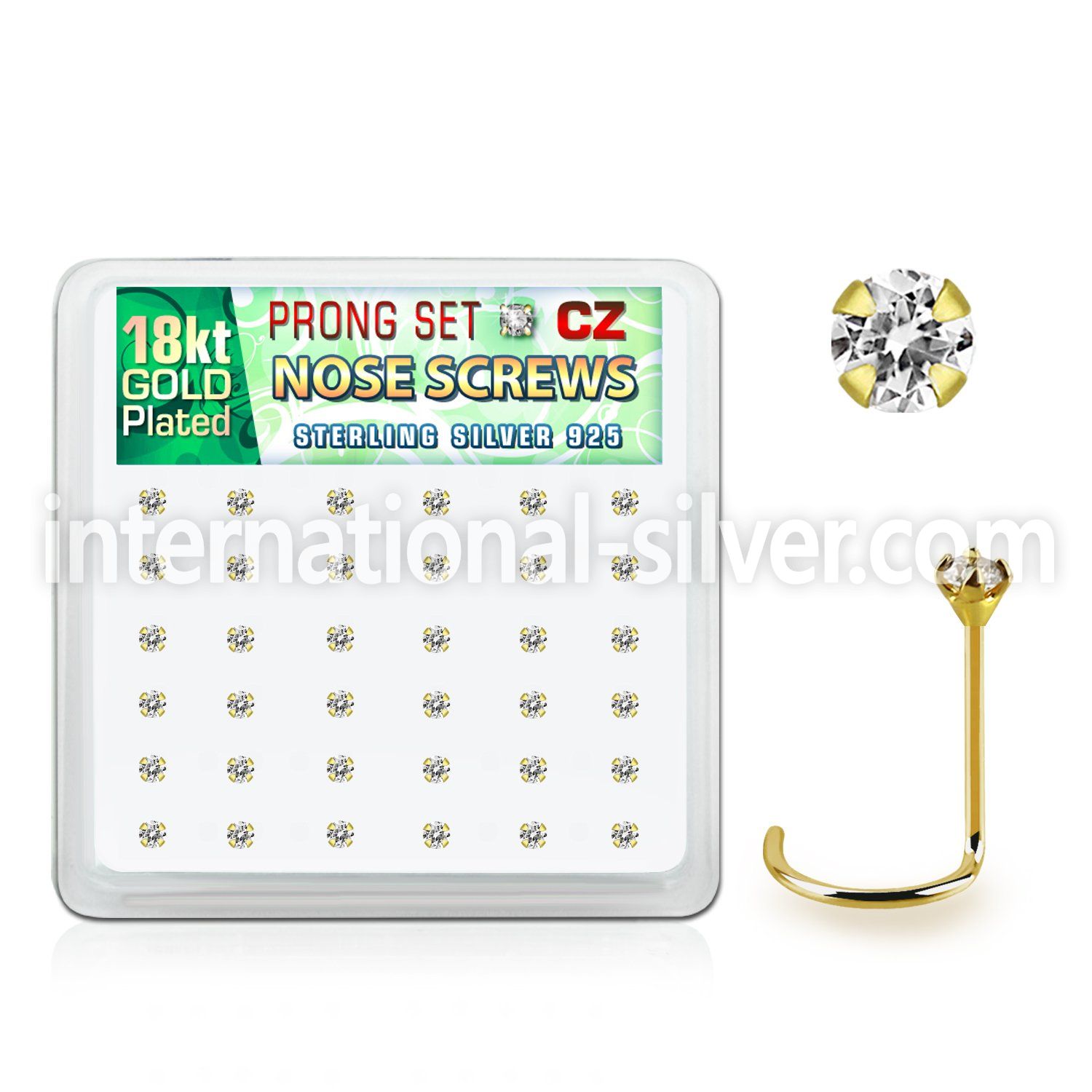 18wz2xc box 36 gold plated silver nose screws w set 2mm clear cz