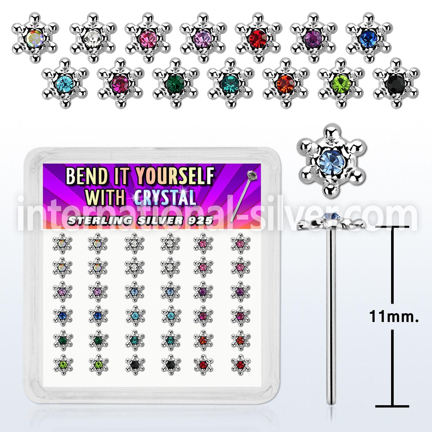 36 silver bend it nose stud clear crystal david star top 