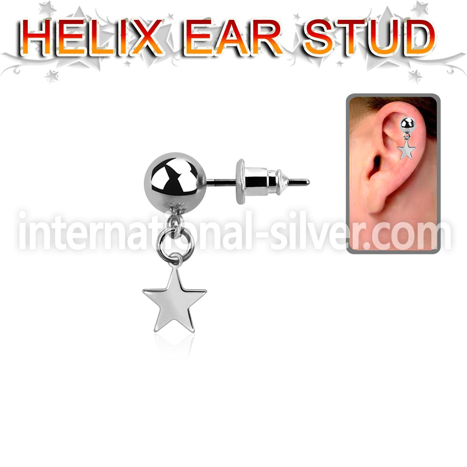 6mm ball steel helix ear stud w a dangling steel star 