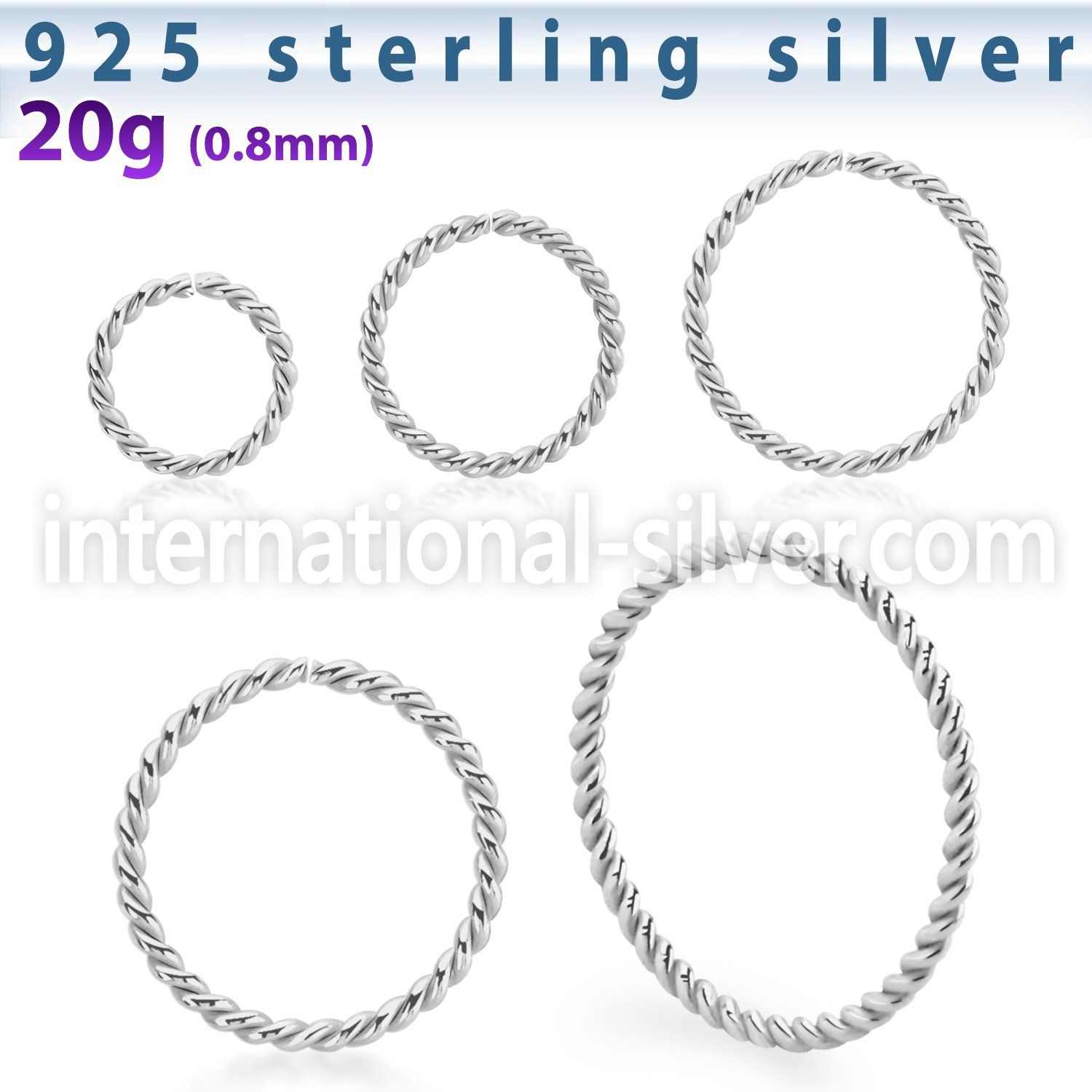 agselw20 silver seamless nose ring hoop twisted wire 20g