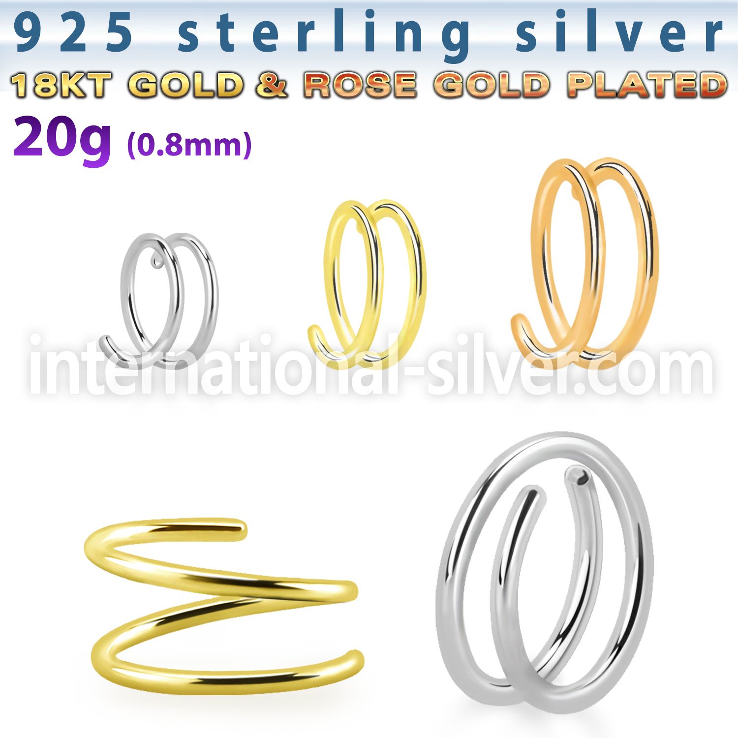 agspr20 925 silver spiral nose ring, 20g (0.8mm)