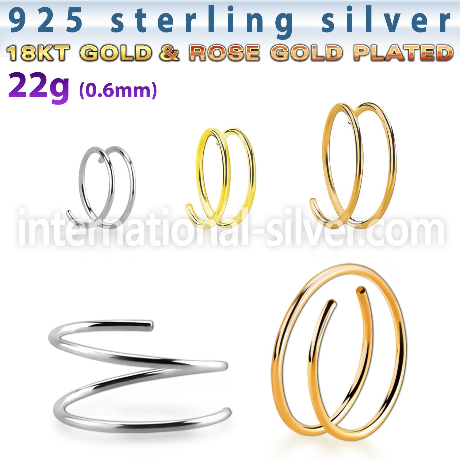 agspr22 925 silver spiral nose ring, 22g (0.6mm)