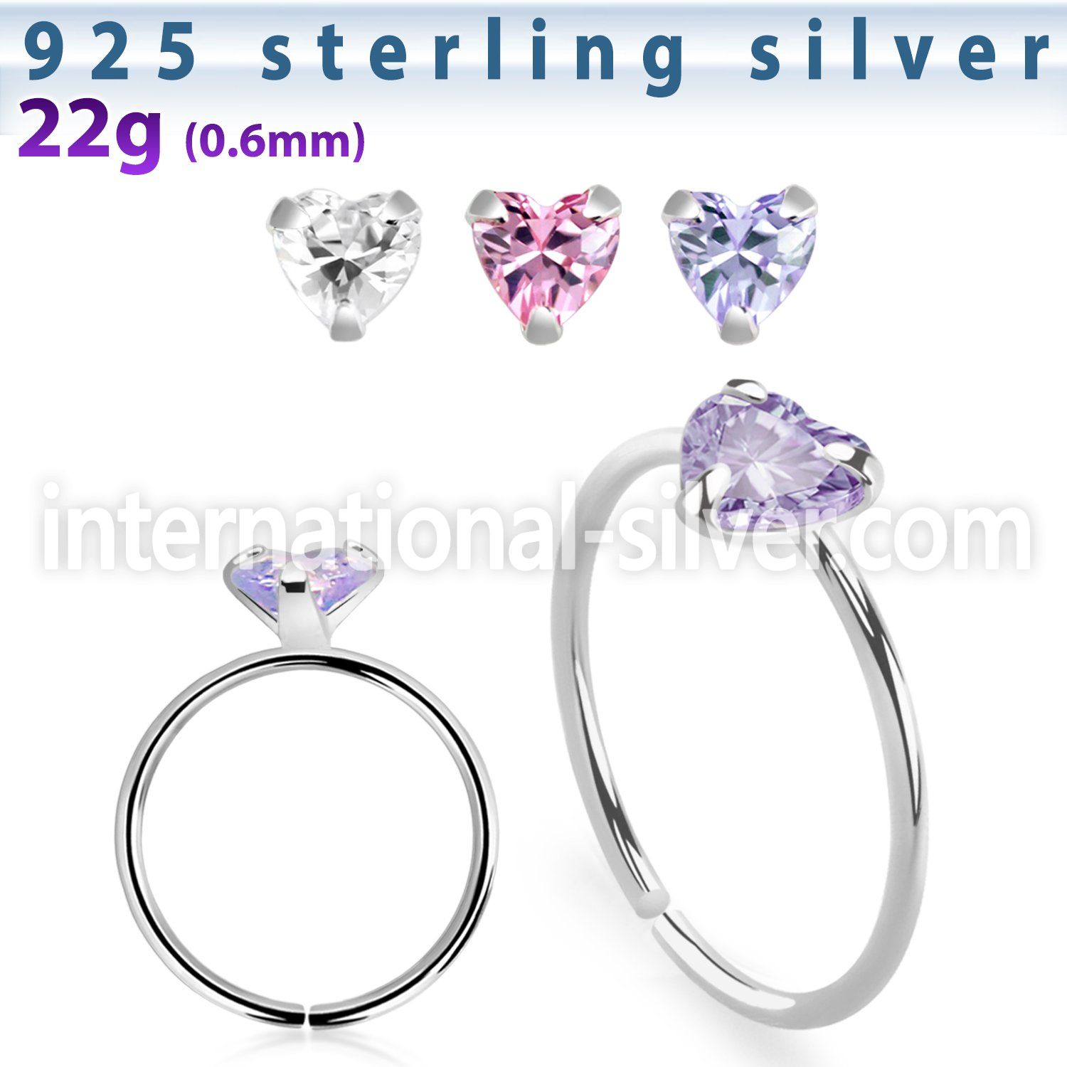 agzhm22 silver seamless nose ring hoop 22g heart color cz