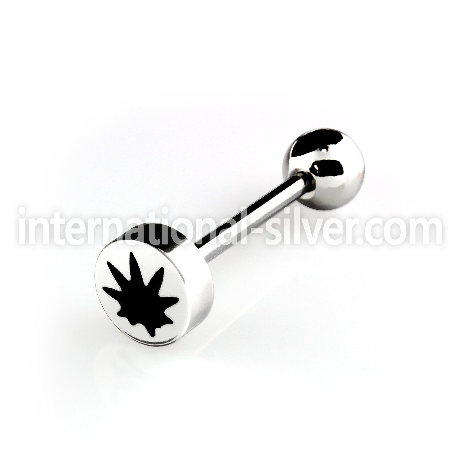 bbec1 316l steel tongue barbell with an 8mm marijuana logo top