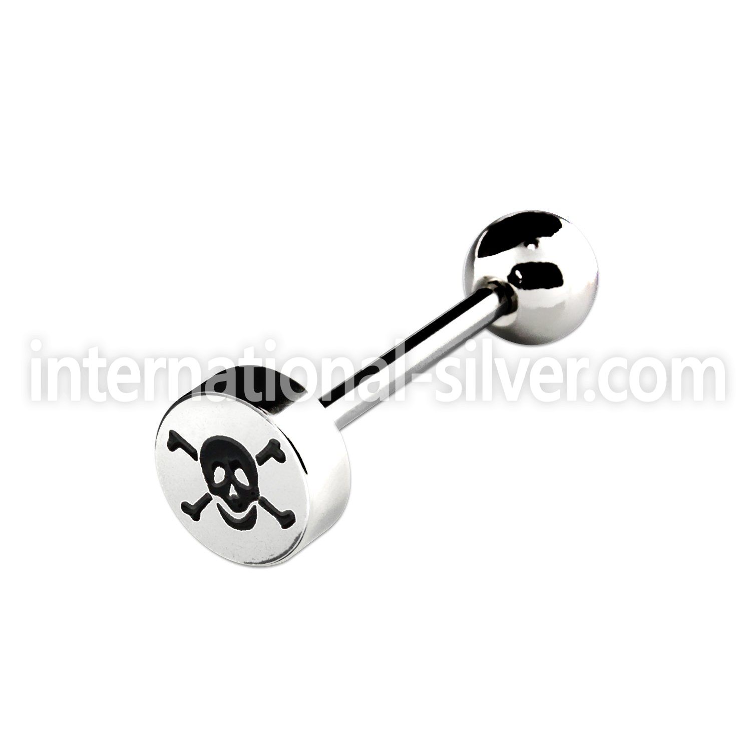 bbec7 316l steel tongue barbell with 8mm skull logo top