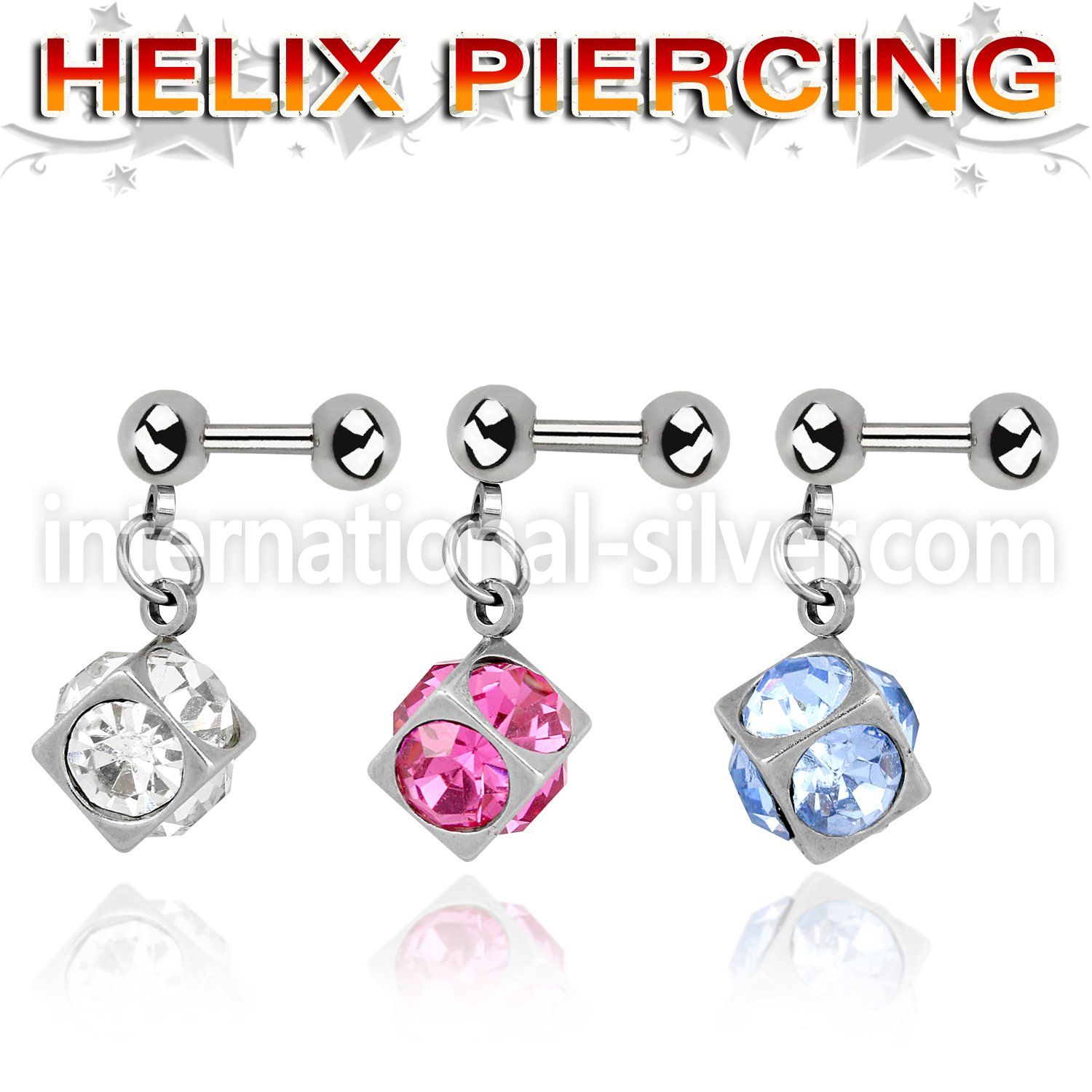 bber16 316l steel helix barbell w 4mm ball 6mm crystal dice