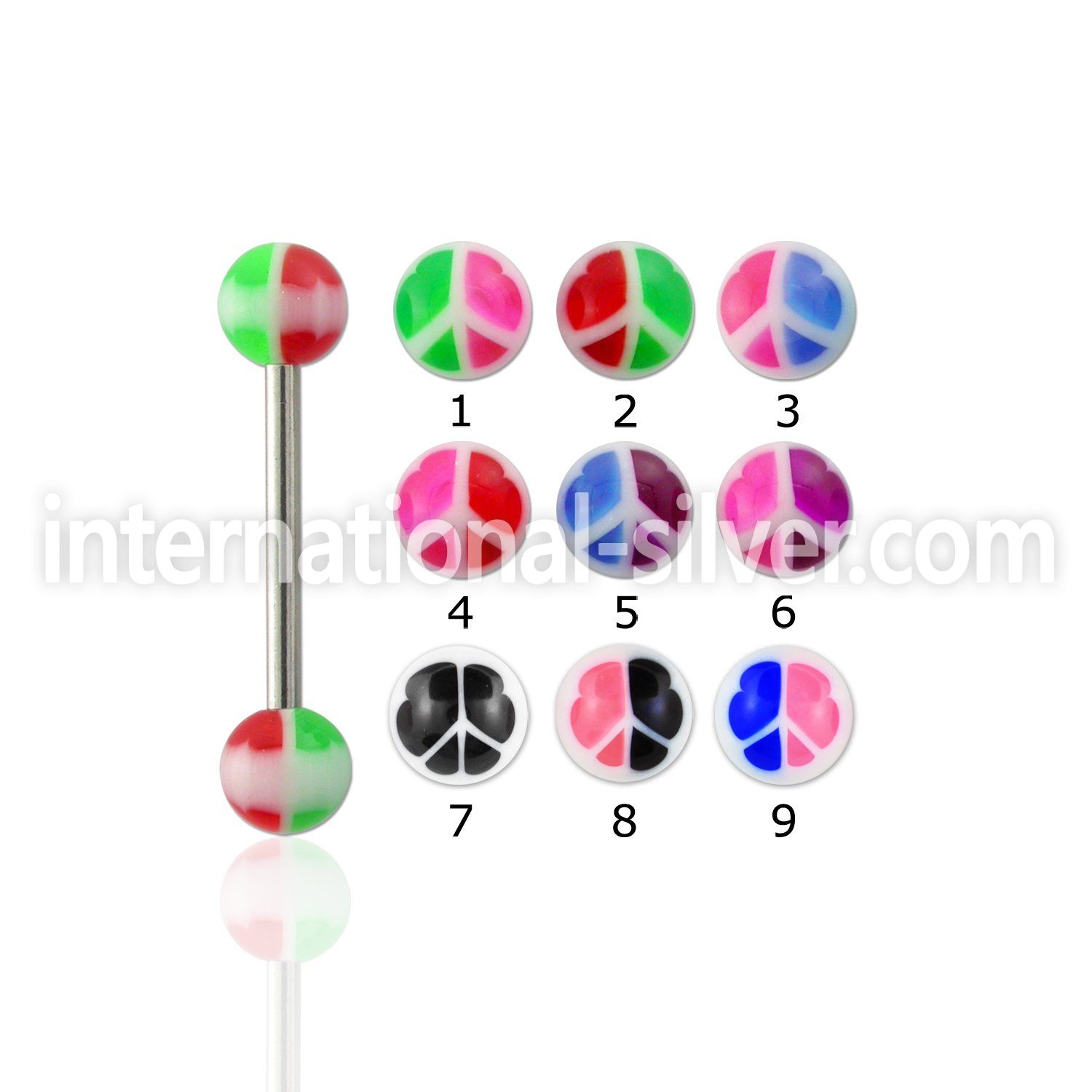 bbpea 316l steel tongue barbell w acrylic ball w peace sign