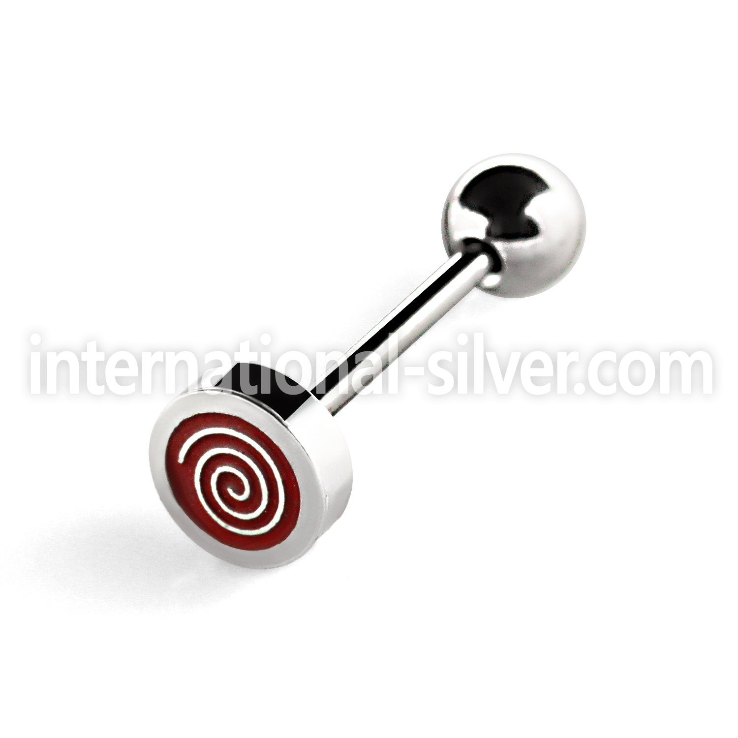 bbsh10 316l steel tongue barbell with red spiral logo
