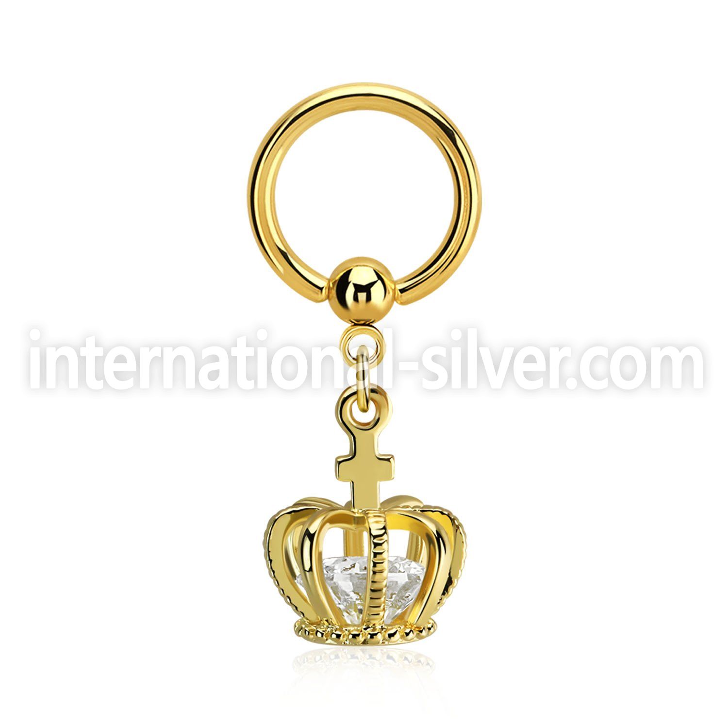 bcrtgz6 gold plated 316l steel bcr, 14g w dangling crown w cz