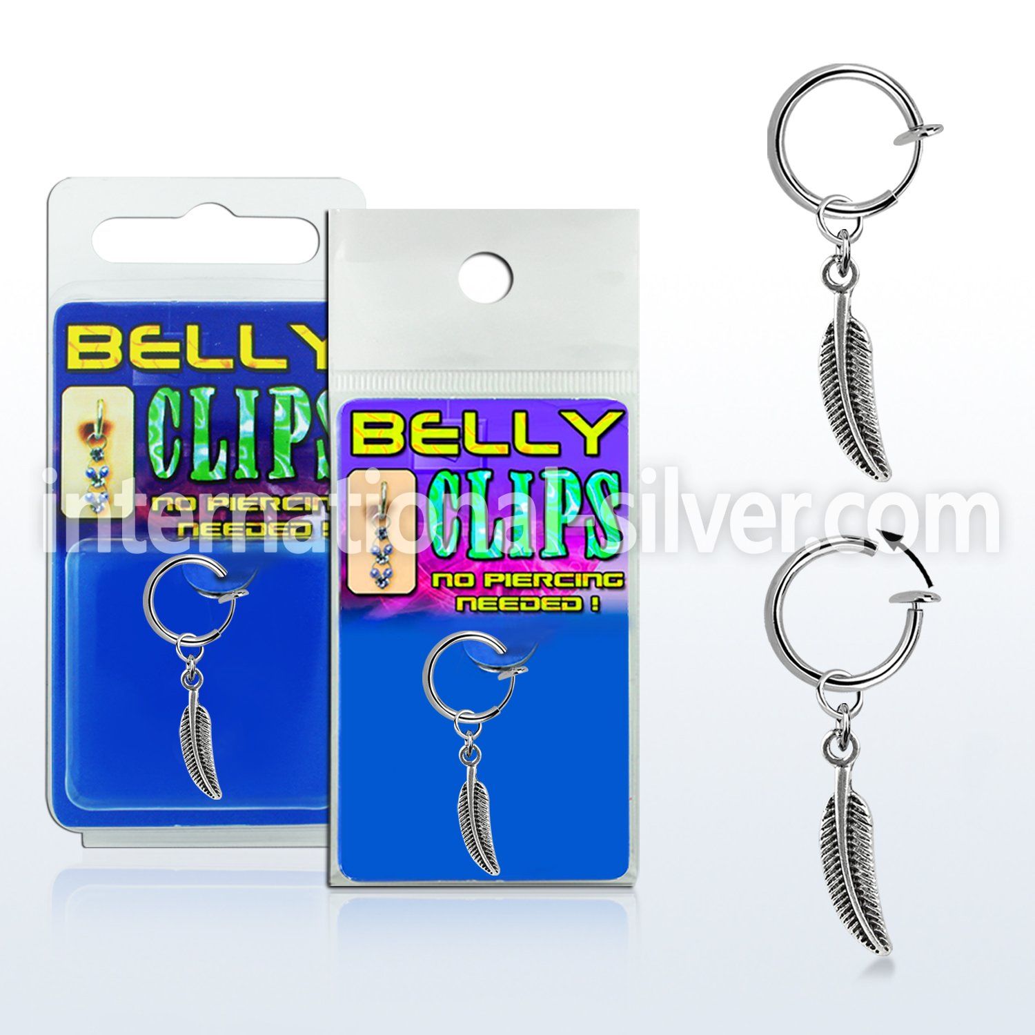 blcp638 fake belly clip w a dangling curved feather 