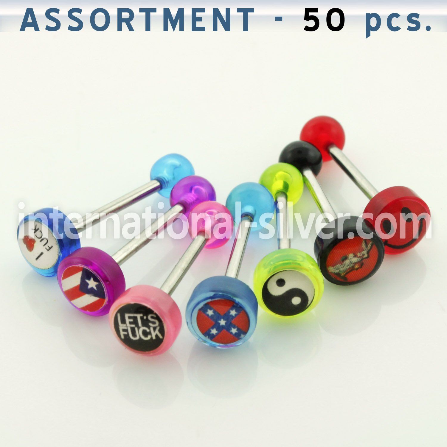 blk158 316l steel tongue barbell w 8mm assorted logos flat top