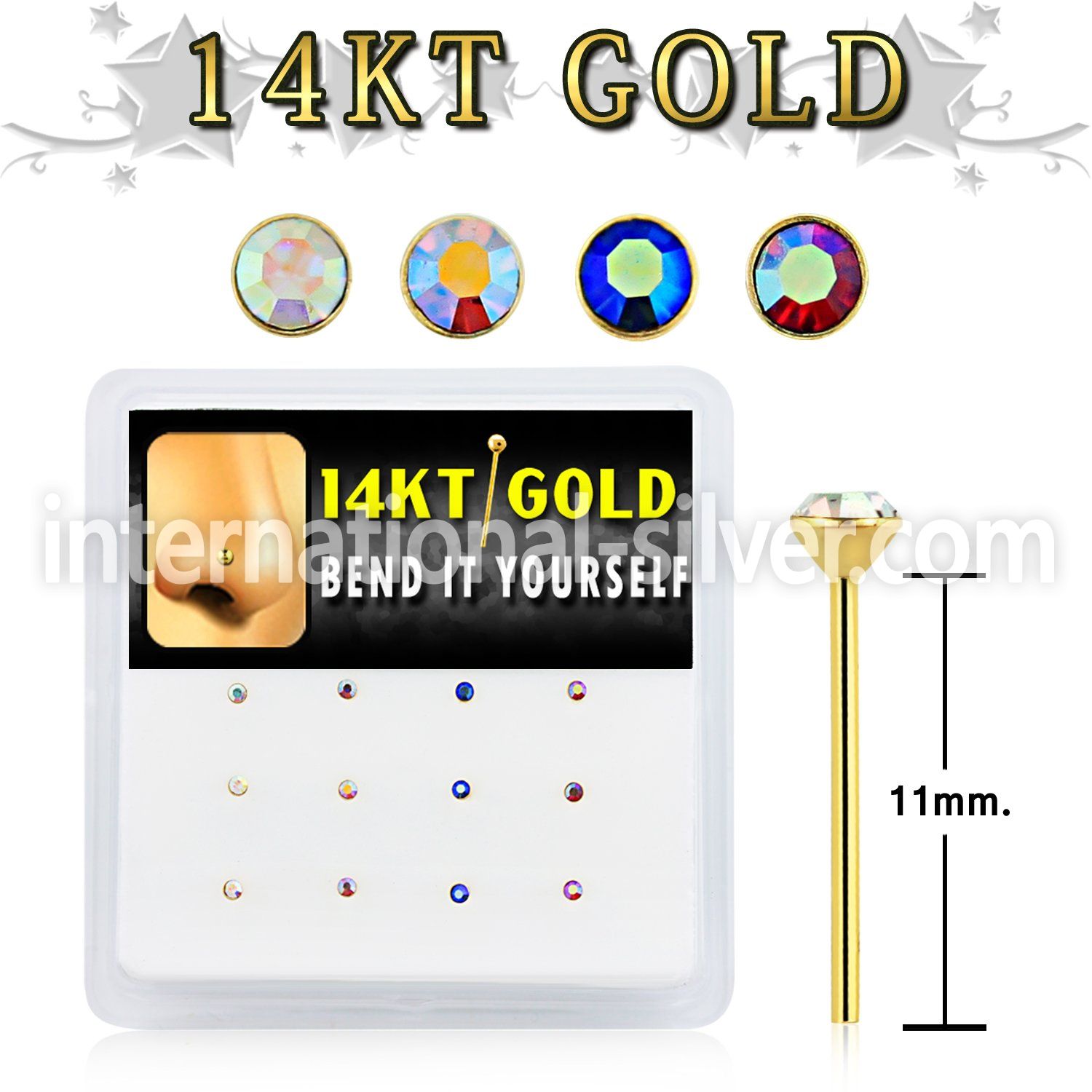 box w 12 14kt gold bend it nose stud 1.5mm ab crystal top 