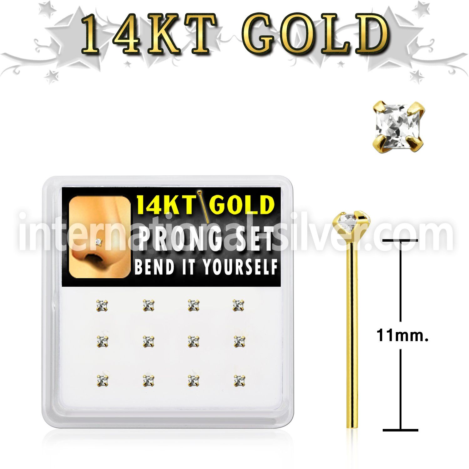 box w 12 14kt gold bend it nose studs w 2mm round czs 