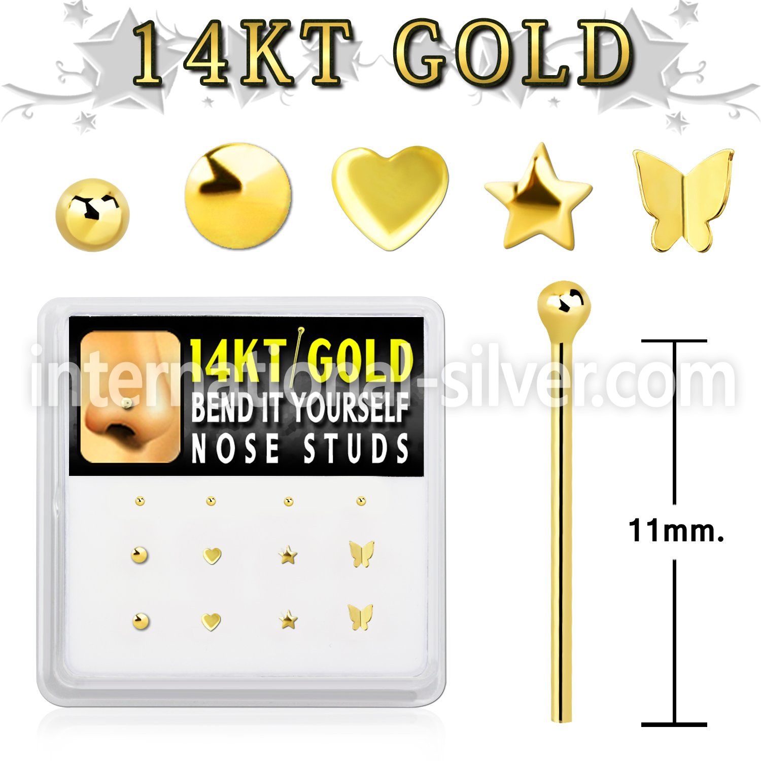 box w 12 14kt gold bend it nose studs w mixed shaped tops 