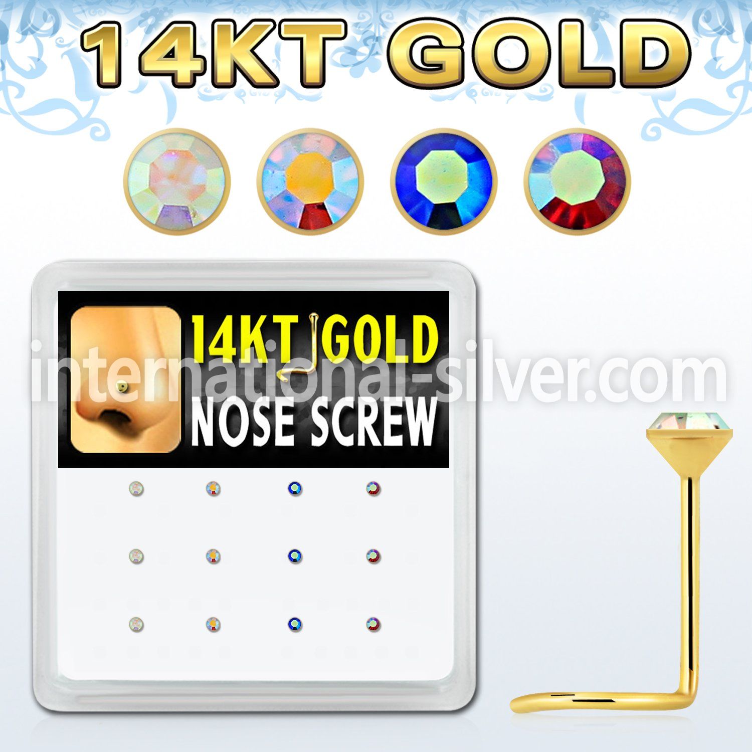 box w 12 14kt gold nose screw w 1.5mm ab crystal tops 