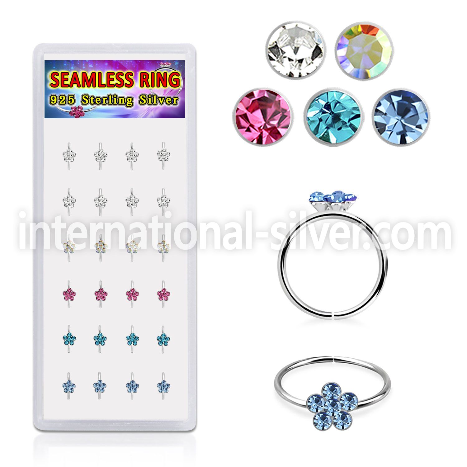 box w 24 silver seamless nose hoop w crystal flowers 