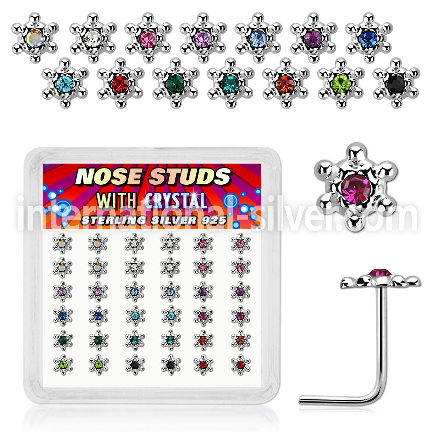 box w 36 silver nose studs w color crystal david star top 