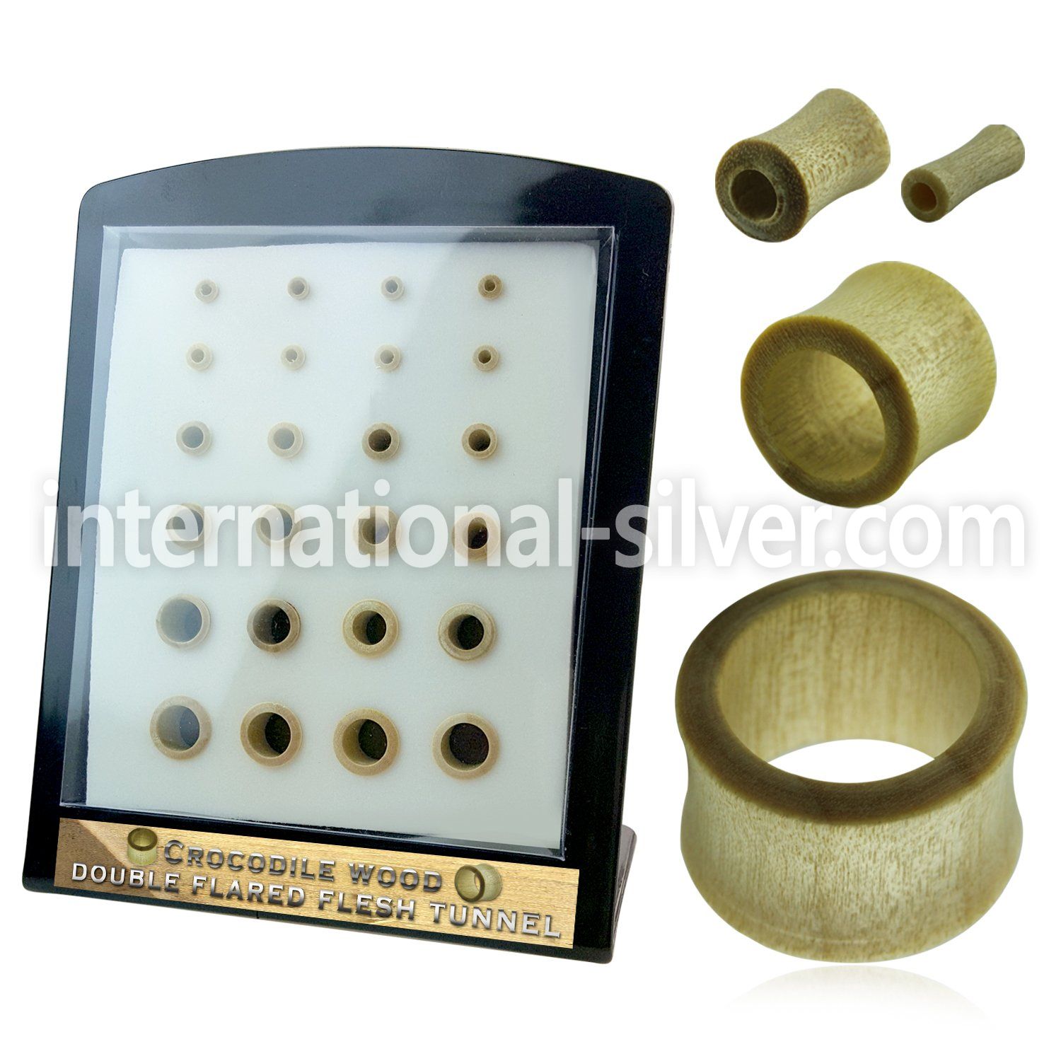 brdpwy display w 24 of crocodile wood double flare flesh tunnel