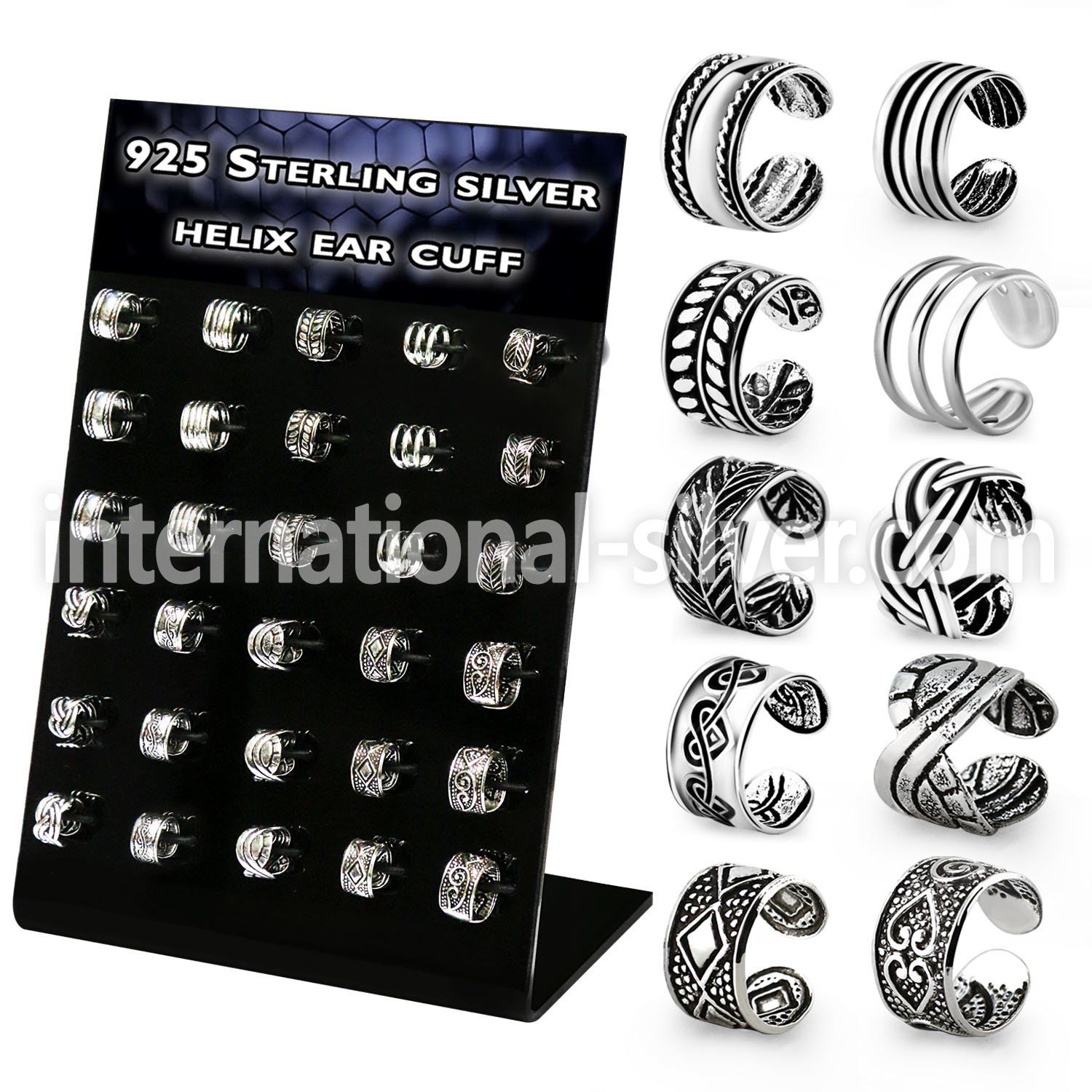 brehvcf display w 30 pcs. of silver helix ear cuff mix designs