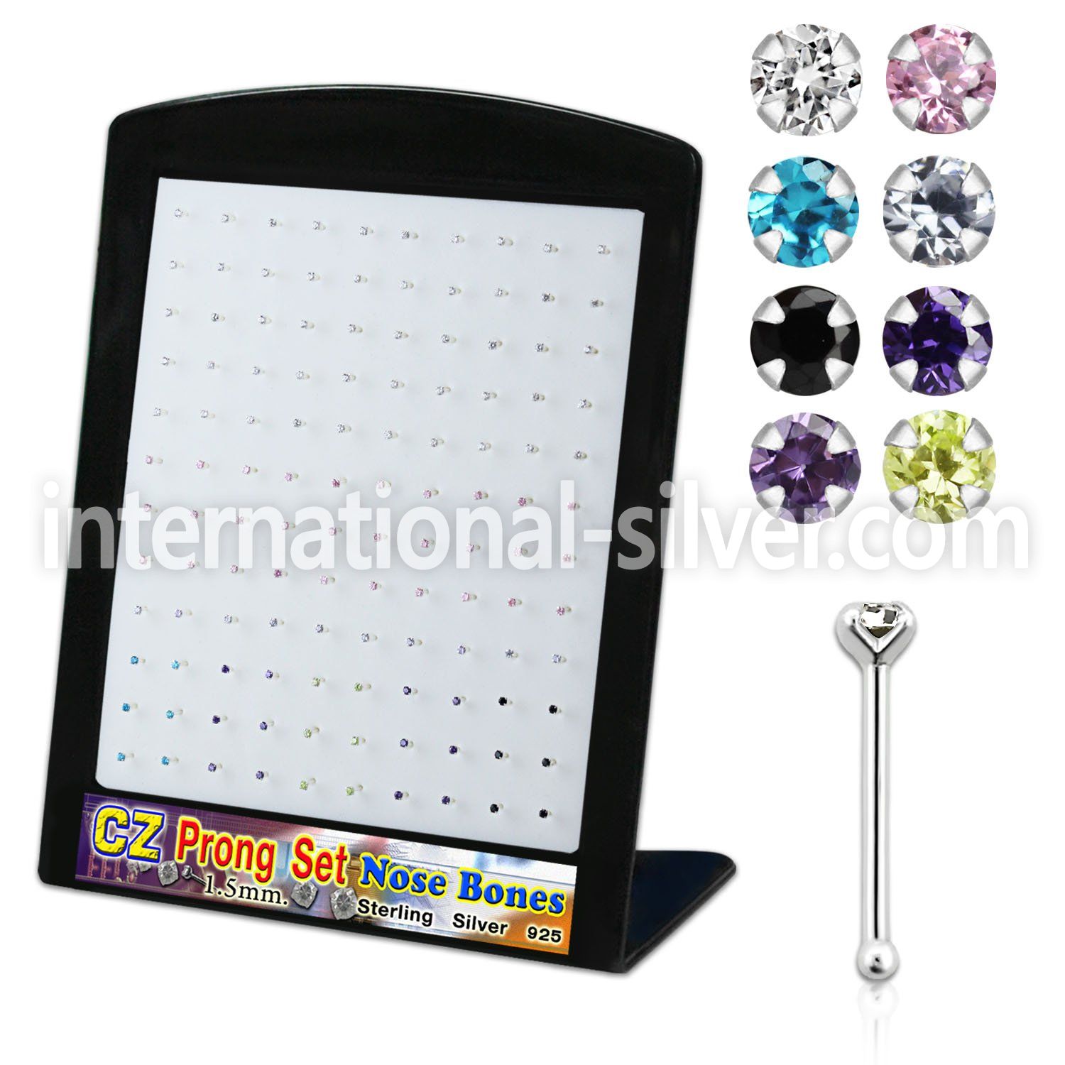 brnbzm2 display w 925 silver nose bones, 22g w 1.5mm color czs