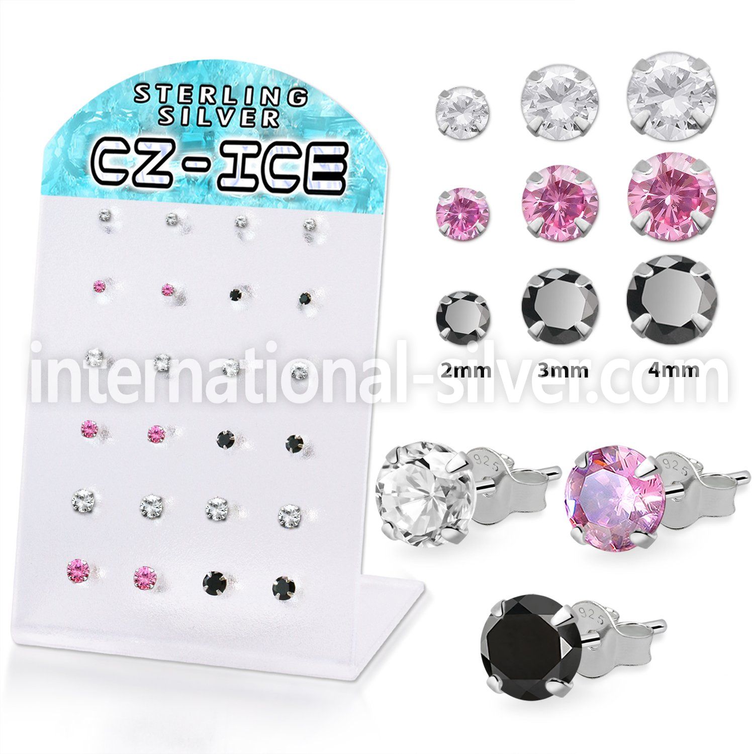 brsczs2 silver ear studs 2mm to 4mm mixed colors cz 12