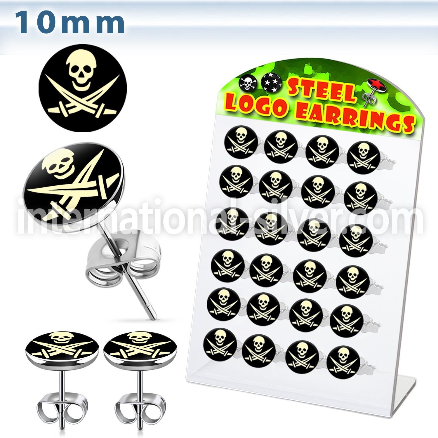 brser12 board of 316l steel ear studs with assorted skull logos