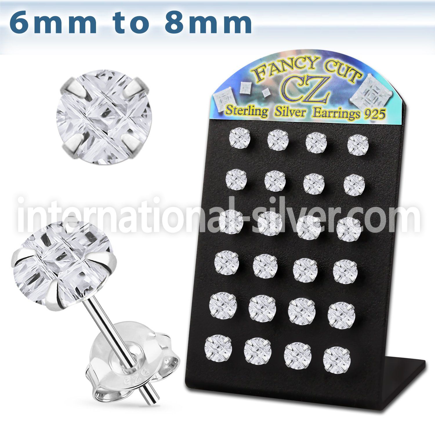 brsv9 silver ear stud w 6 8mm round prong cz stone