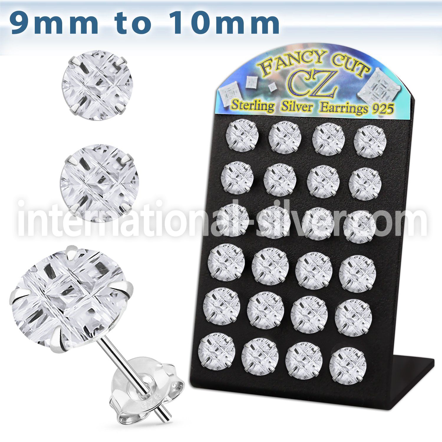 brsv9g silver ear stud w 9 10mm round prong cz stone