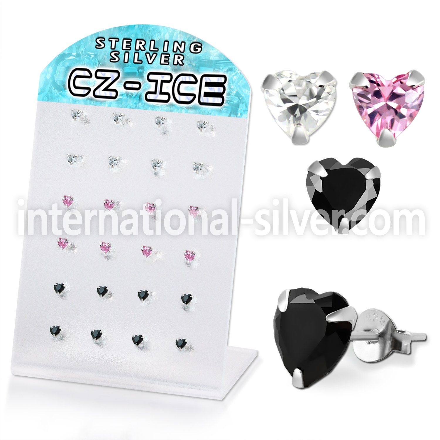 brszh3a silver ear studs heart mixed colors cz 12
