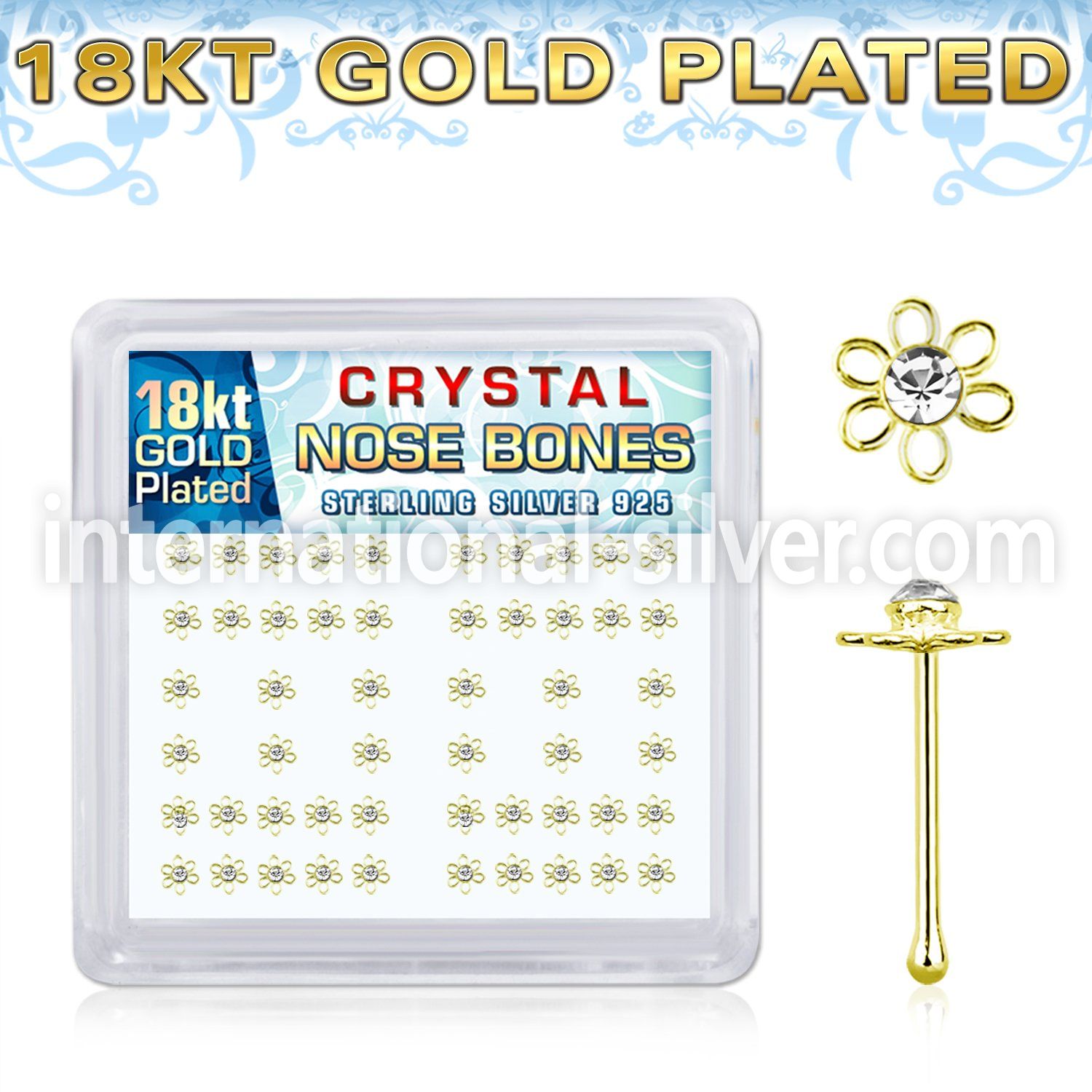 bxfl2cg 18k gold plated silver nose bones with clear flower