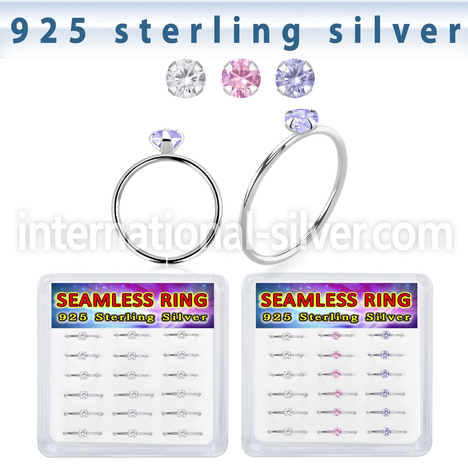 bxnhmx3 silver seamless nose ring hoop 22g color cz 18