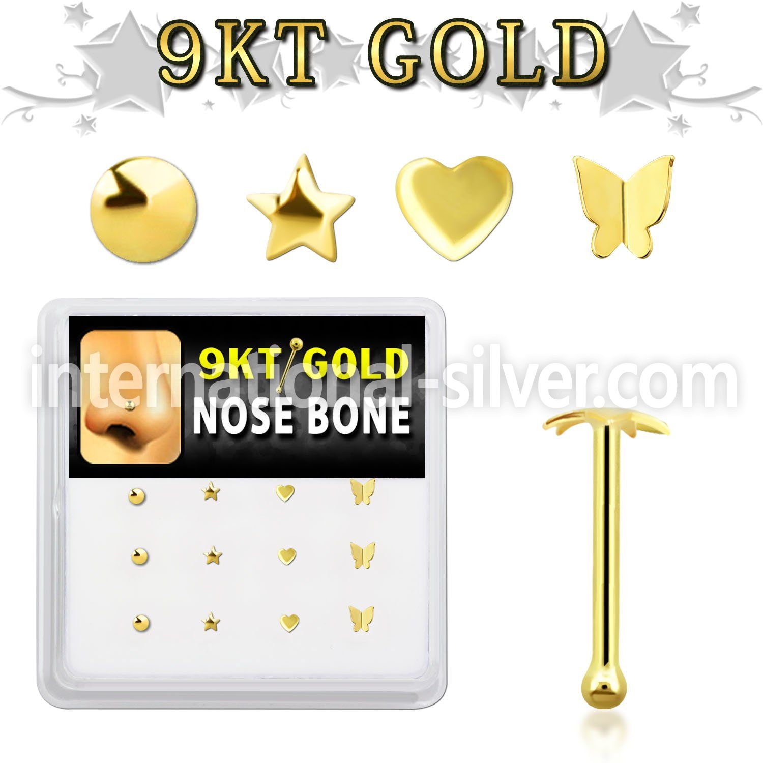 d9gnb16 box w 9kt gold nose bones with mixed plain tops