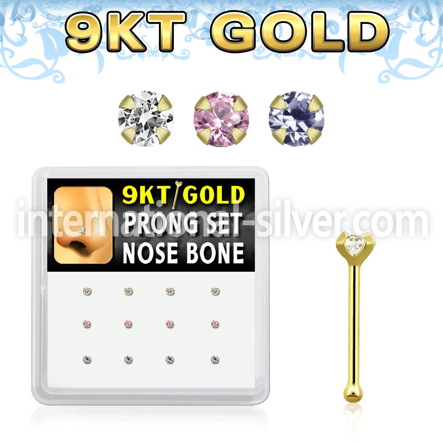 d9gnb2 9kt gold nose bone w assorted colored prong cz stone