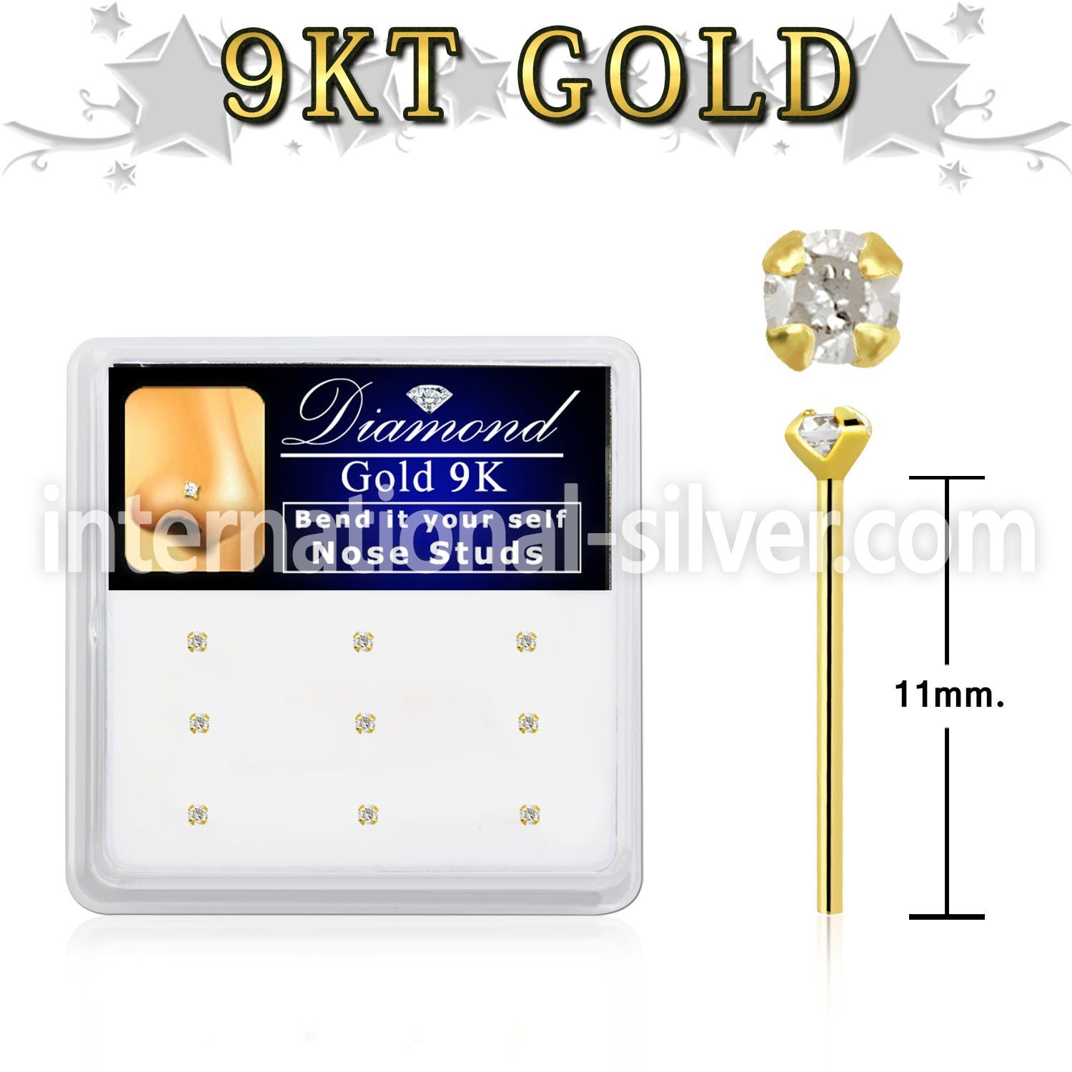 d9gys15 box w 9kt gold bend it nose stud w genuine diamond
